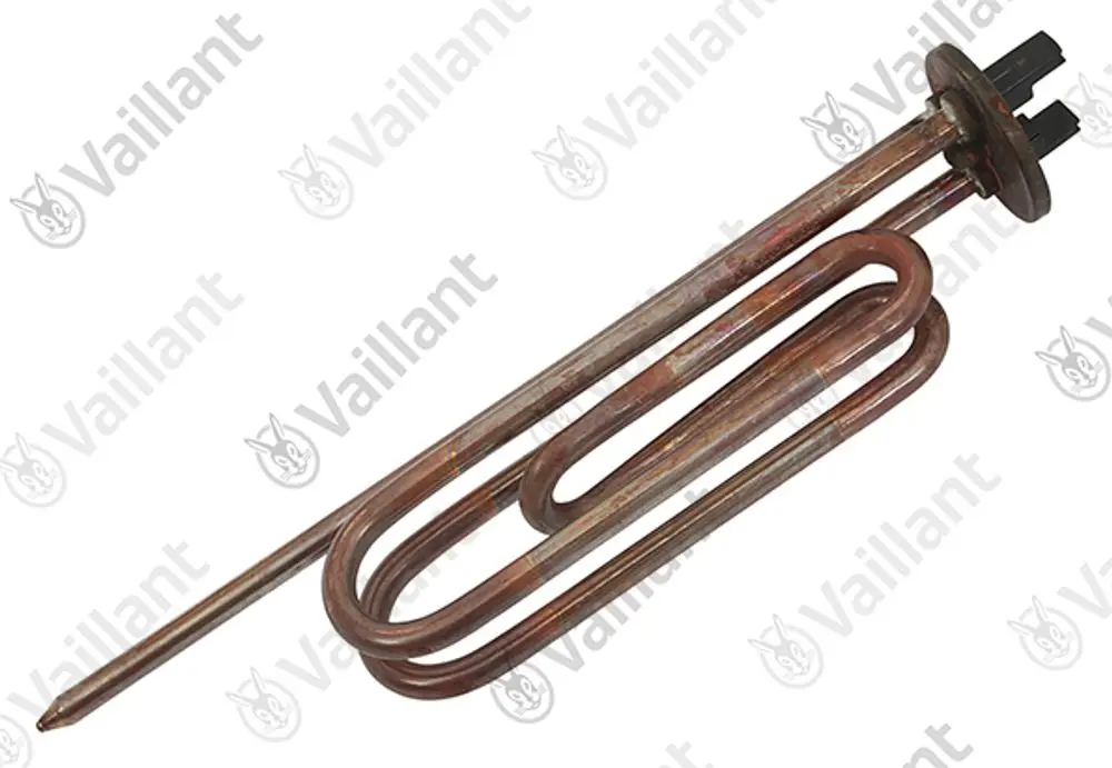 Vaillant Heizelement mit einer schlanken, gewundenen Form und elektrisch anschlussfähigen Enden. Das Produkt ist aus Kupfer gefertigt und zeigt typische Nutzungsspuren.